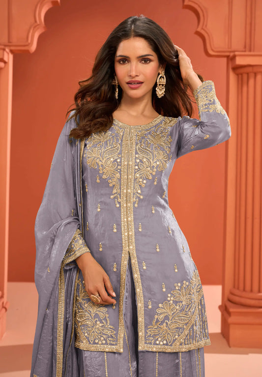 Warm Grey Fendi Silk Embroidery Salwar Suit