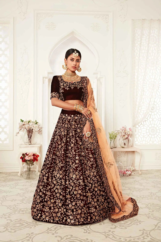 Maroon Velvet Lehenga With Thread Zari And Sequins Embroidery Work