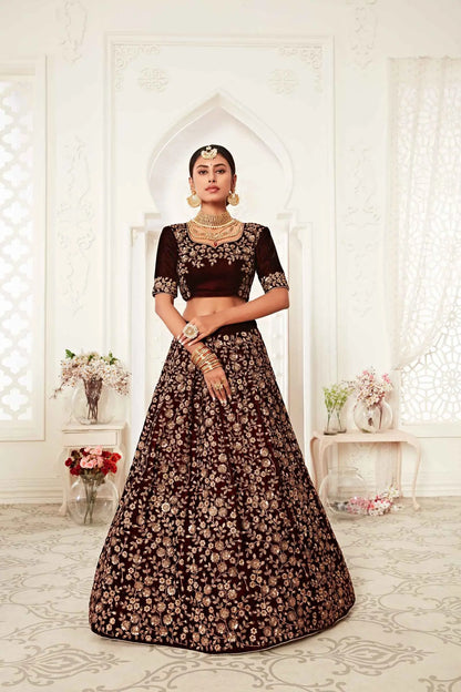 Maroon Velvet Lehenga With Thread Zari And Sequins Embroidery Work