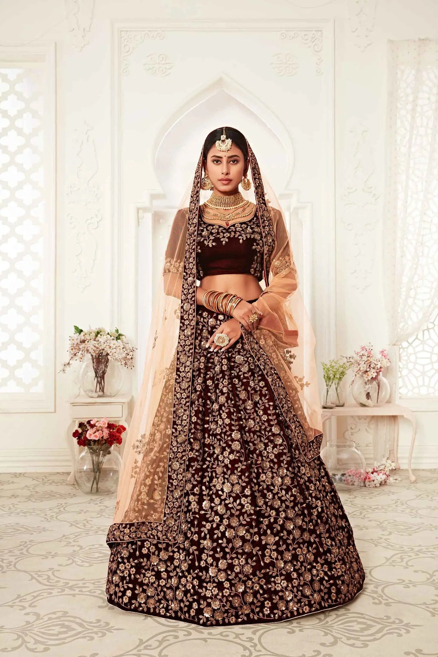 Maroon Velvet Lehenga With Thread Zari And Sequins Embroidery Work