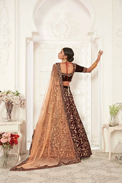 Maroon Velvet Lehenga With Thread Zari And Sequins Embroidery Work