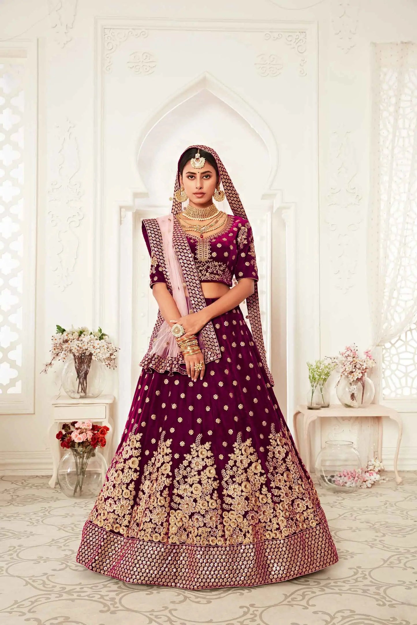 Wine Red Velvet Lehenga With Thread Zari Dori And Sequins Embroidery Work