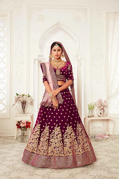 Wine Red Velvet Lehenga With Thread Zari Dori And Sequins Embroidery Work