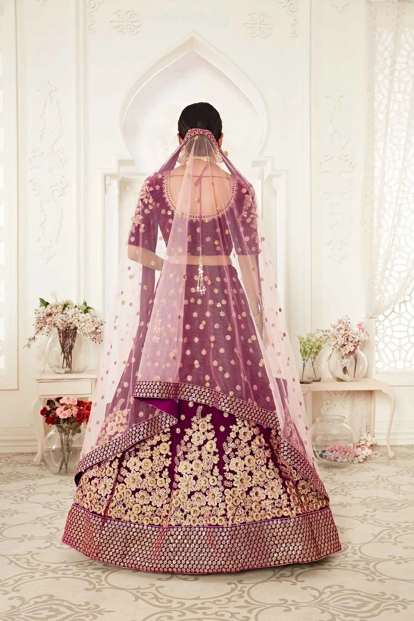 Wine Red Velvet Lehenga With Thread Zari Dori And Sequins Embroidery Work