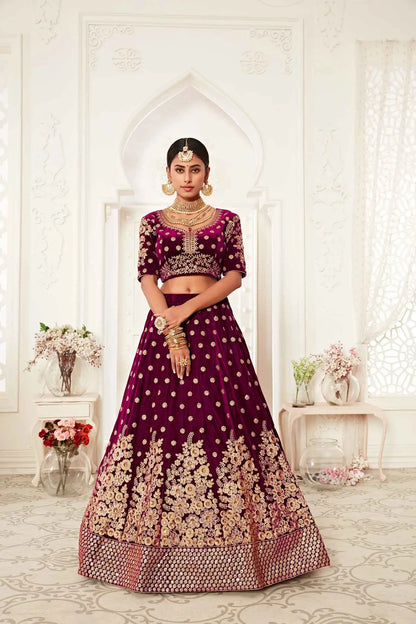 Wine Red Velvet Lehenga With Thread Zari Dori And Sequins Embroidery Work