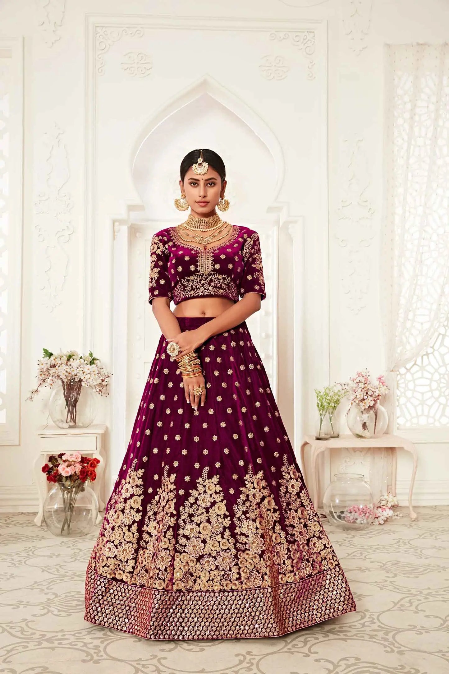 Wine Red Velvet Lehenga With Thread Zari Dori And Sequins Embroidery Work