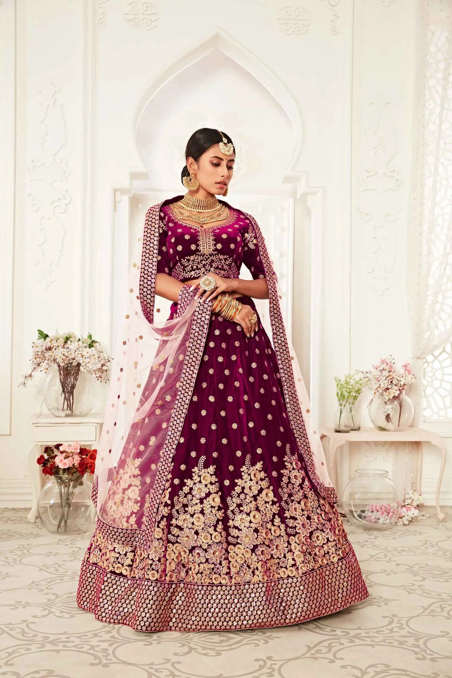 Wine Red Velvet Lehenga With Thread Zari Dori And Sequins Embroidery Work