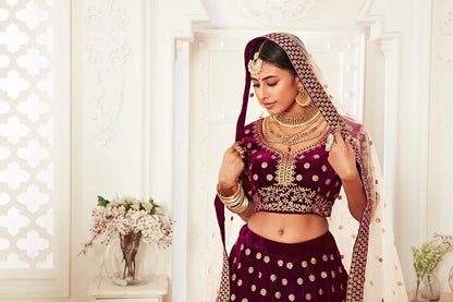 Wine Red Velvet Lehenga With Thread Zari Dori And Sequins Embroidery Work