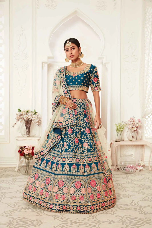 Teal Blue Silk Lehenga With Thread Dori Zari And Sequins Embroidery Work