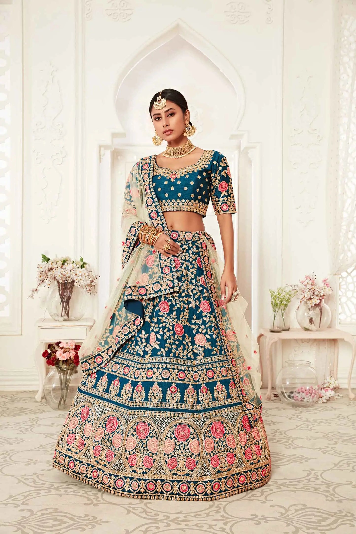 Teal Blue Silk Lehenga With Thread Dori Zari And Sequins Embroidery Work