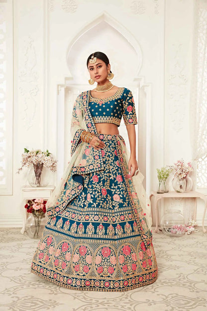 Teal Blue Silk Lehenga With Thread Dori Zari And Sequins Embroidery Work