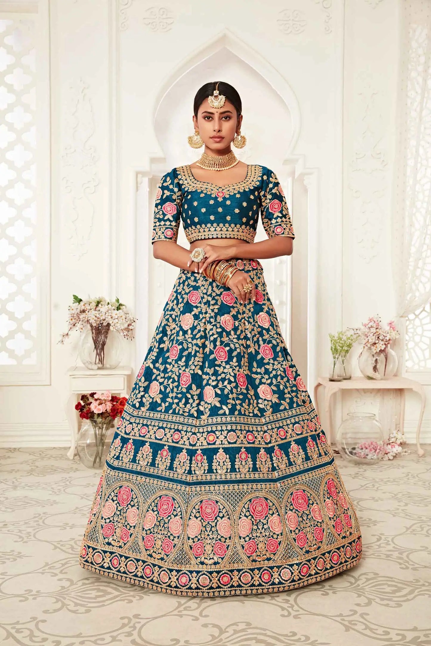 Teal Blue Silk Lehenga With Thread Dori Zari And Sequins Embroidery Work