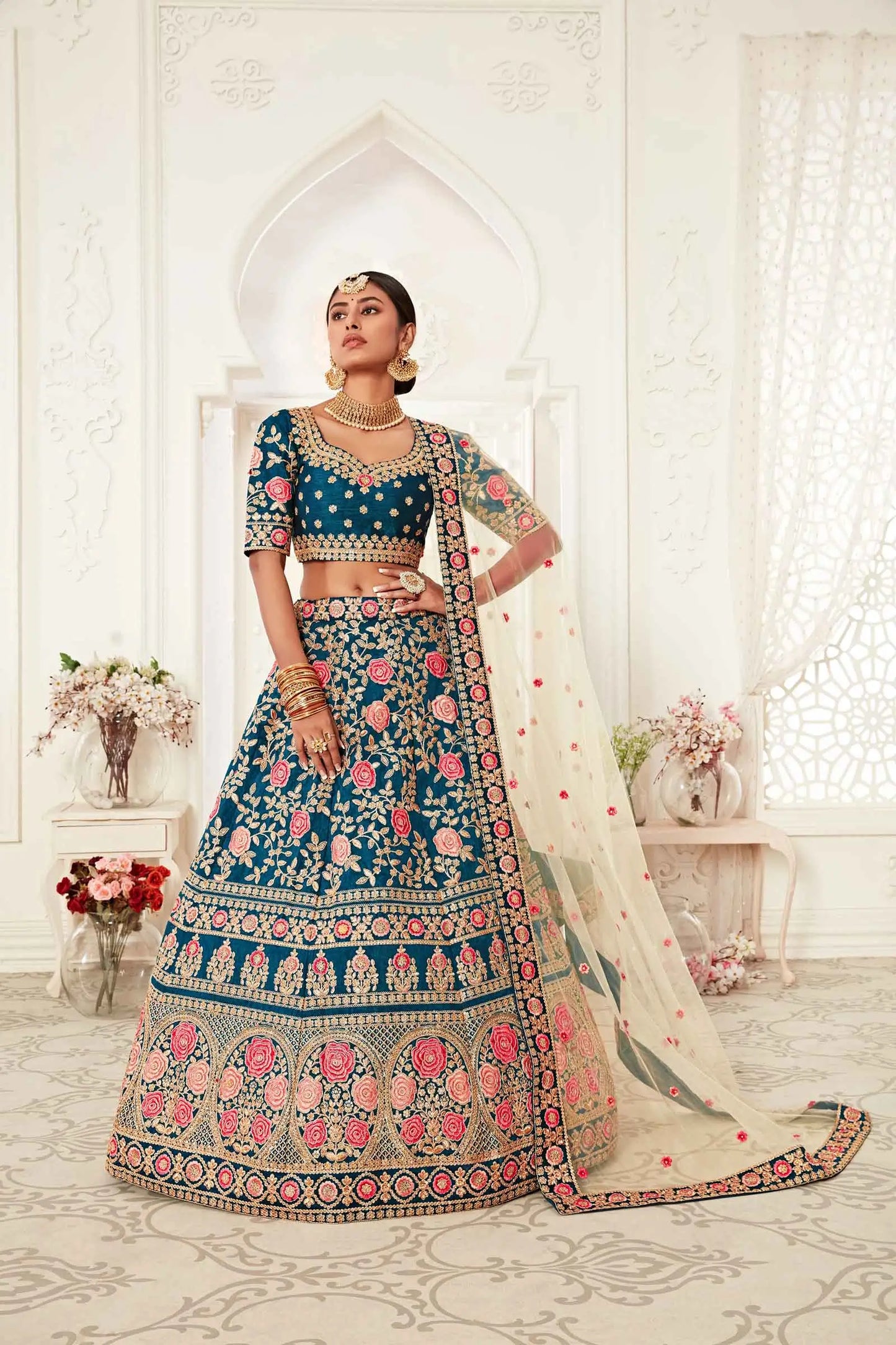 Teal Blue Silk Lehenga With Thread Dori Zari And Sequins Embroidery Work