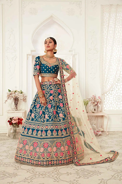 Teal Blue Silk Lehenga With Thread Dori Zari And Sequins Embroidery Work