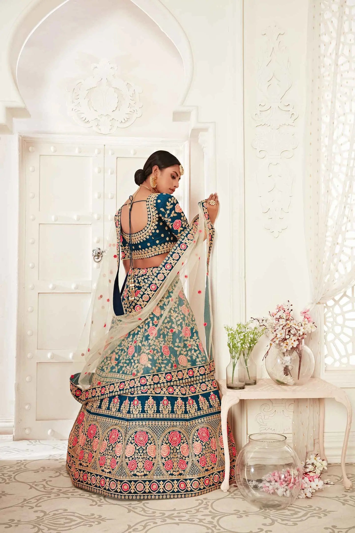 Teal Blue Silk Lehenga With Thread Dori Zari And Sequins Embroidery Work