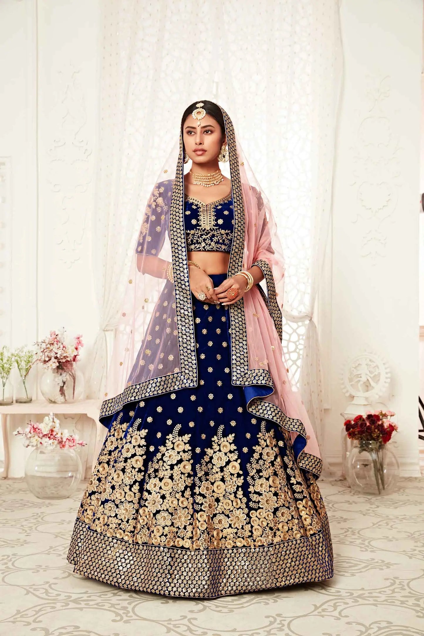 Navy Blue Velvet Lehenga With Thread Zari Dori And Sequins Embroidery Work
