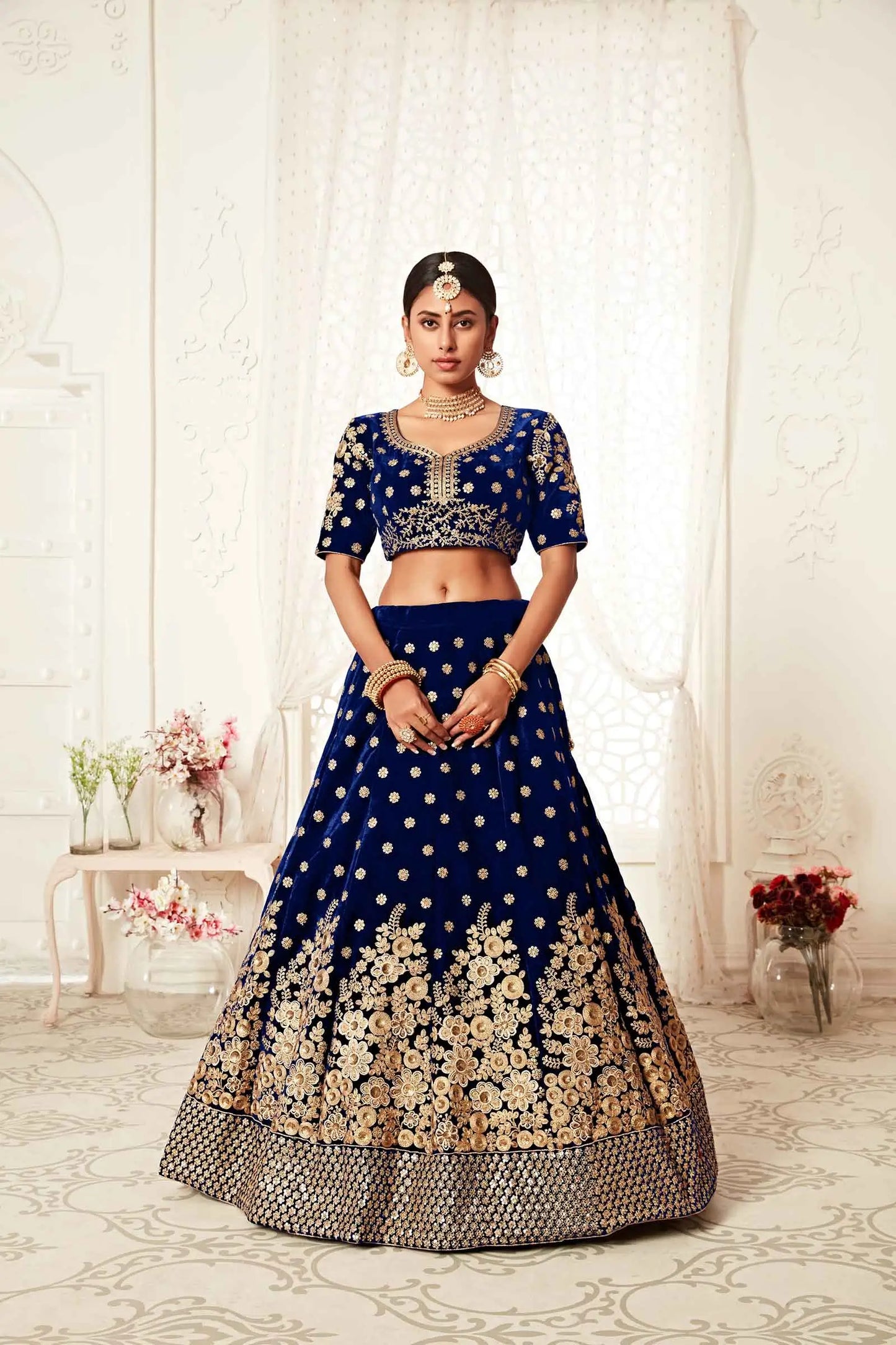 Navy Blue Velvet Lehenga With Thread Zari Dori And Sequins Embroidery Work