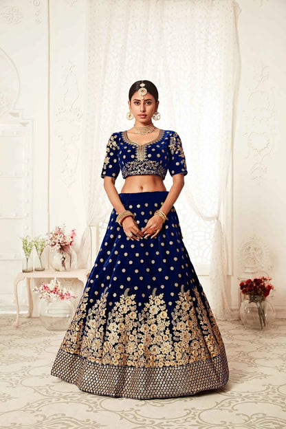Navy Blue Velvet Lehenga With Thread Zari Dori And Sequins Embroidery Work