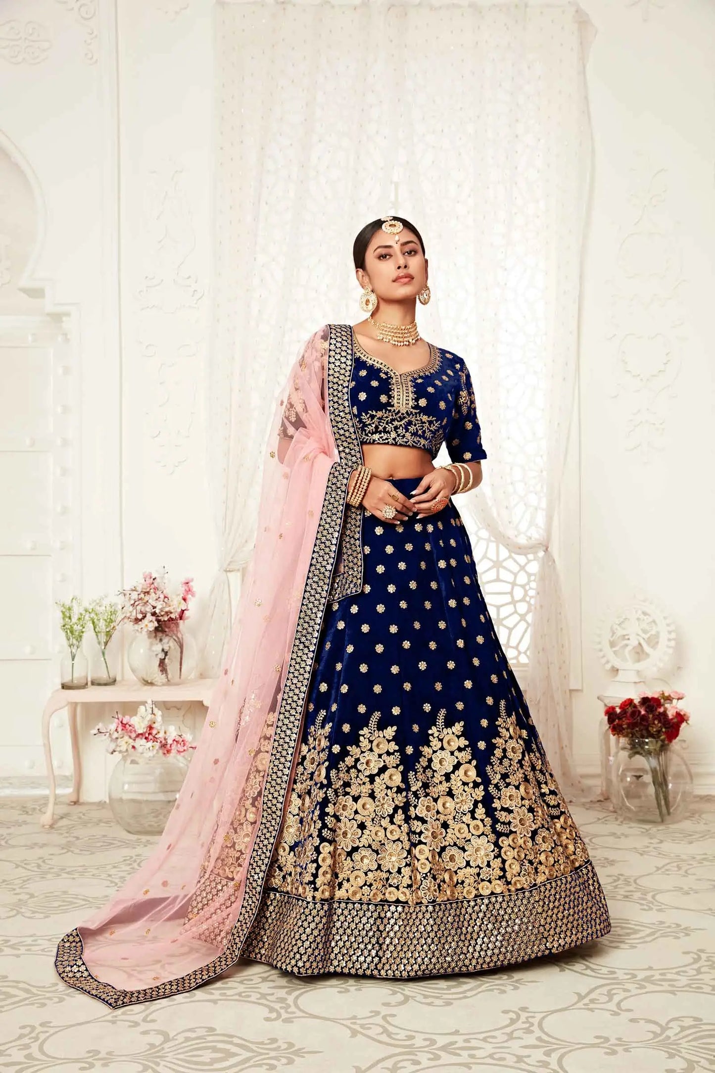 Navy Blue Velvet Lehenga With Thread Zari Dori And Sequins Embroidery Work