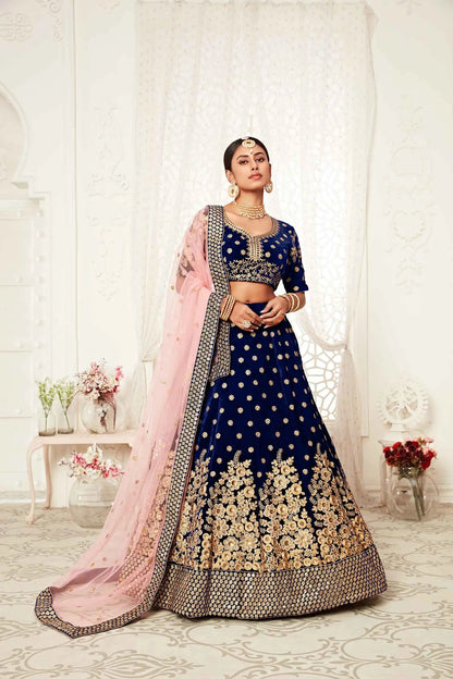 Navy Blue Velvet Lehenga With Thread Zari Dori And Sequins Embroidery Work