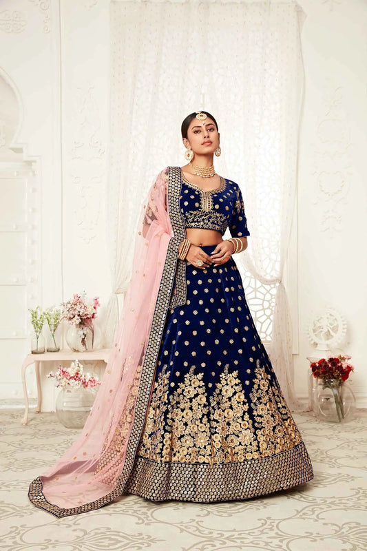 Navy Blue Velvet Lehenga With Thread Zari Dori And Sequins Embroidery Work