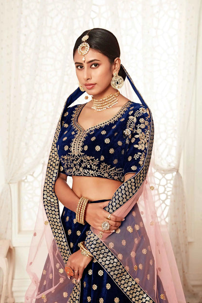 Navy Blue Velvet Lehenga With Thread Zari Dori And Sequins Embroidery Work