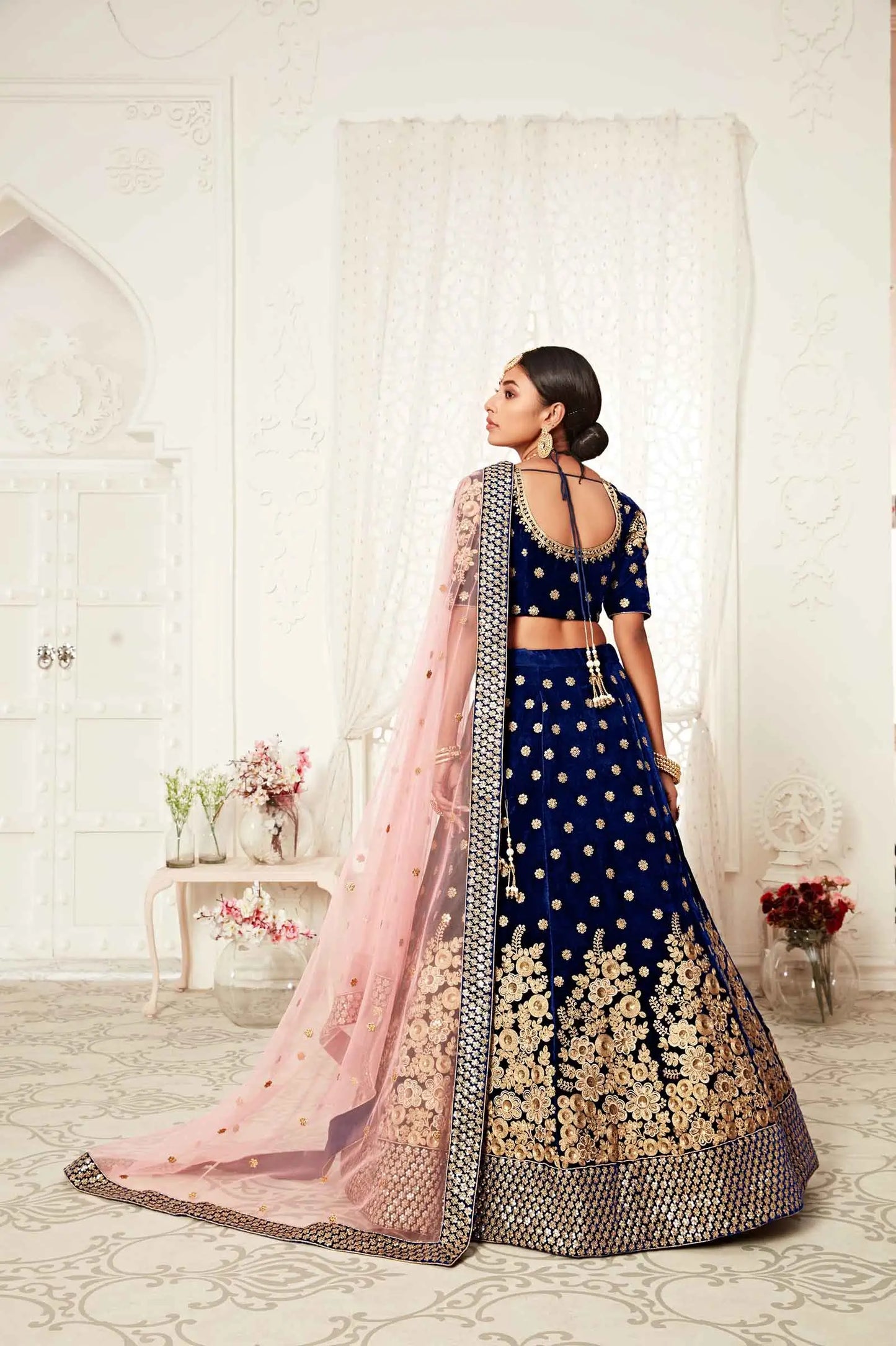 Navy Blue Velvet Lehenga With Thread Zari Dori And Sequins Embroidery Work