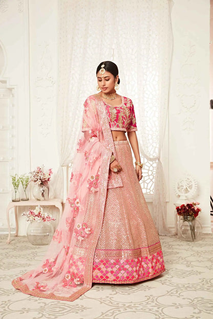 Flamingo Pink Soft Net Lehenga With Thread Dori Zari And Sequins Embroidery Work