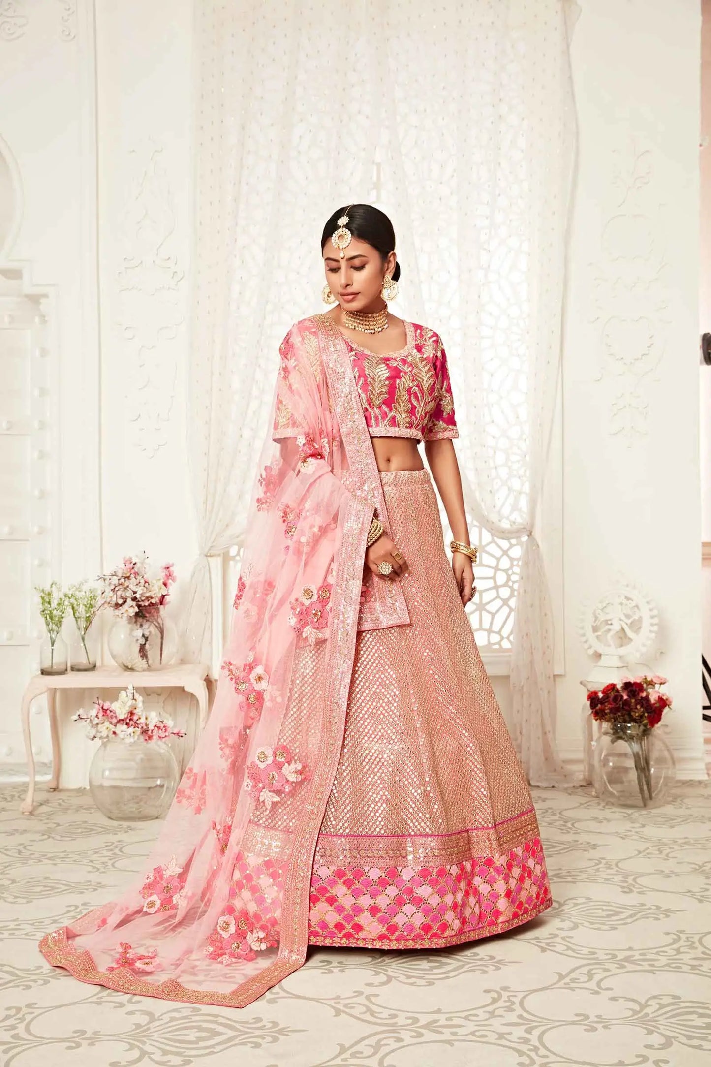 Flamingo Pink Soft Net Lehenga With Thread Dori Zari And Sequins Embroidery Work