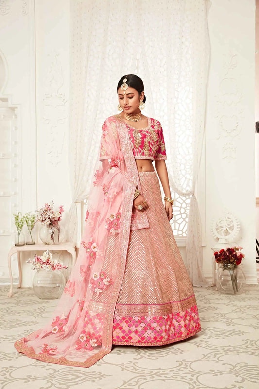 Flamingo Pink Soft Net Lehenga With Thread Dori Zari And Sequins Embroidery Work