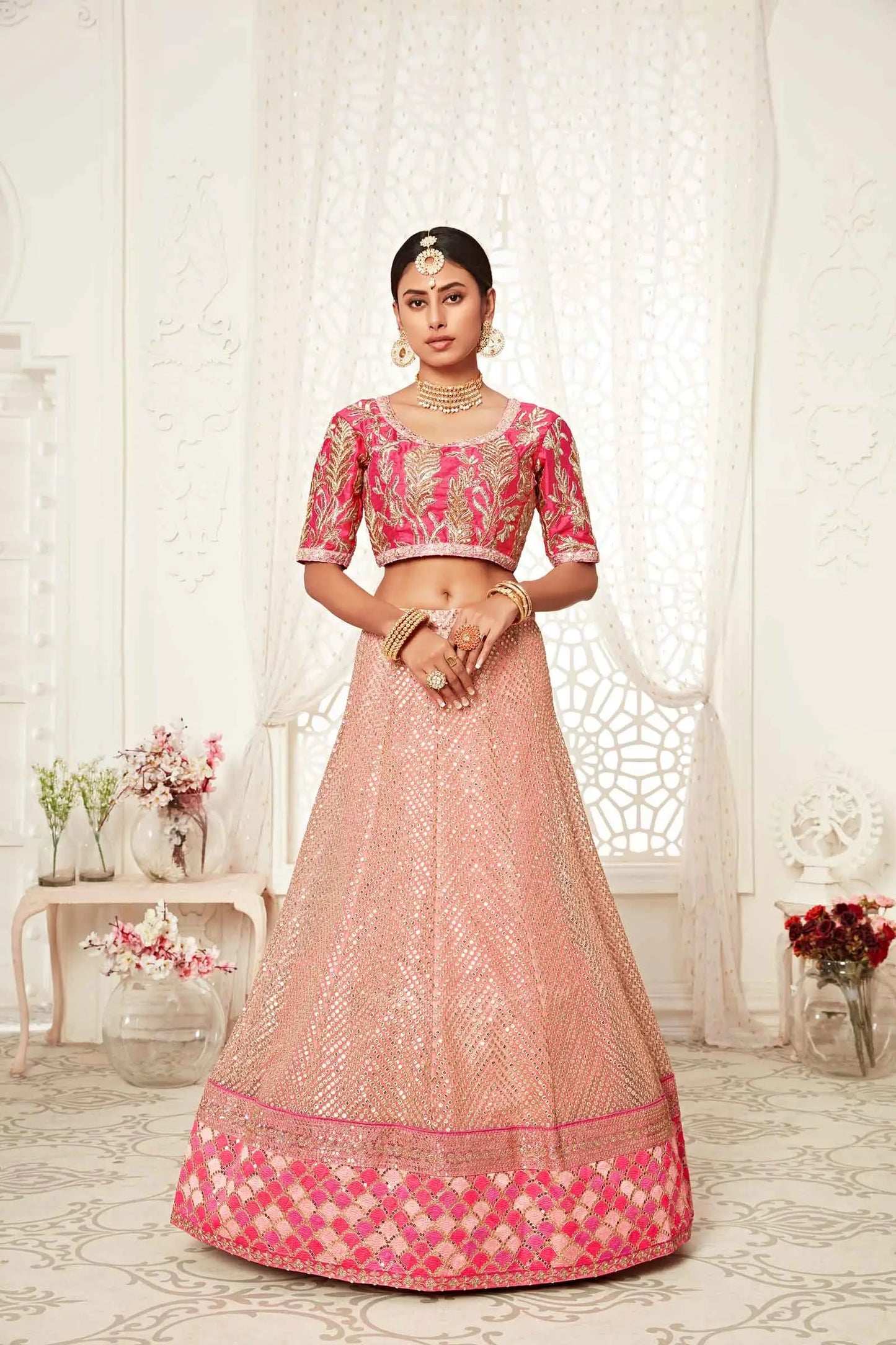Flamingo Pink Soft Net Lehenga With Thread Dori Zari And Sequins Embroidery Work