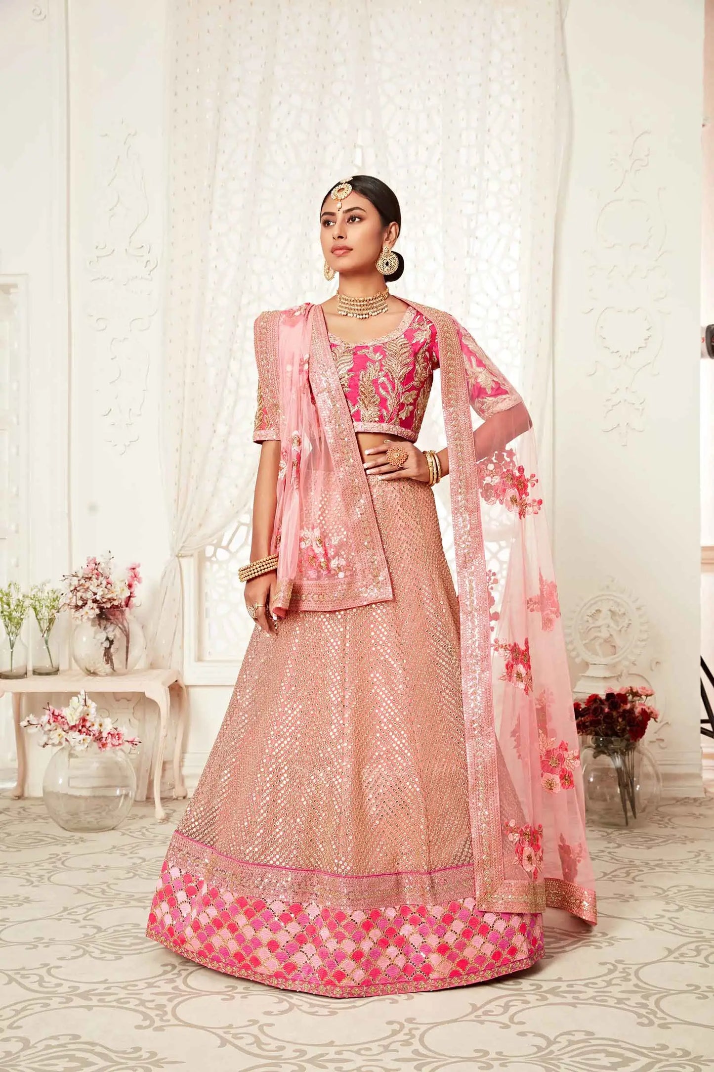 Flamingo Pink Soft Net Lehenga With Thread Dori Zari And Sequins Embroidery Work