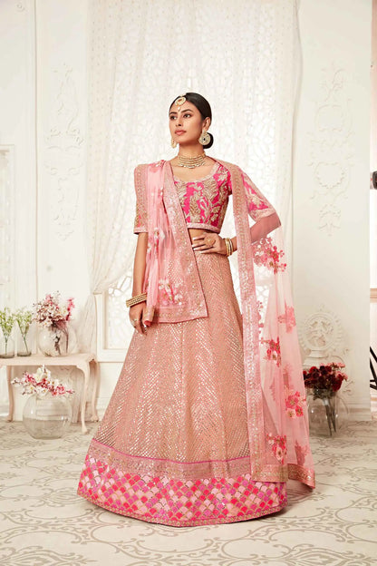 Flamingo Pink Soft Net Lehenga With Thread Dori Zari And Sequins Embroidery Work