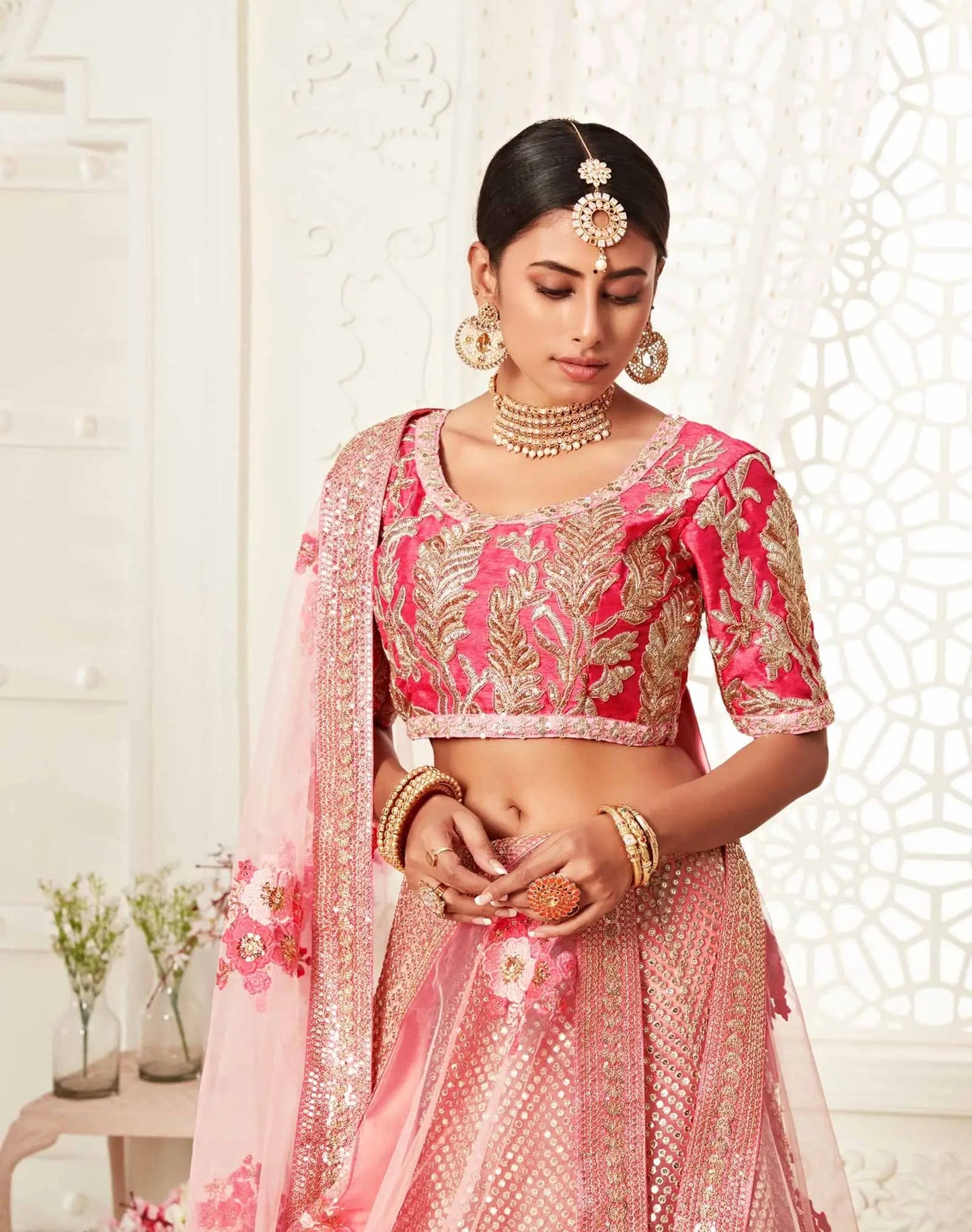 Flamingo Pink Soft Net Lehenga With Thread Dori Zari And Sequins Embroidery Work