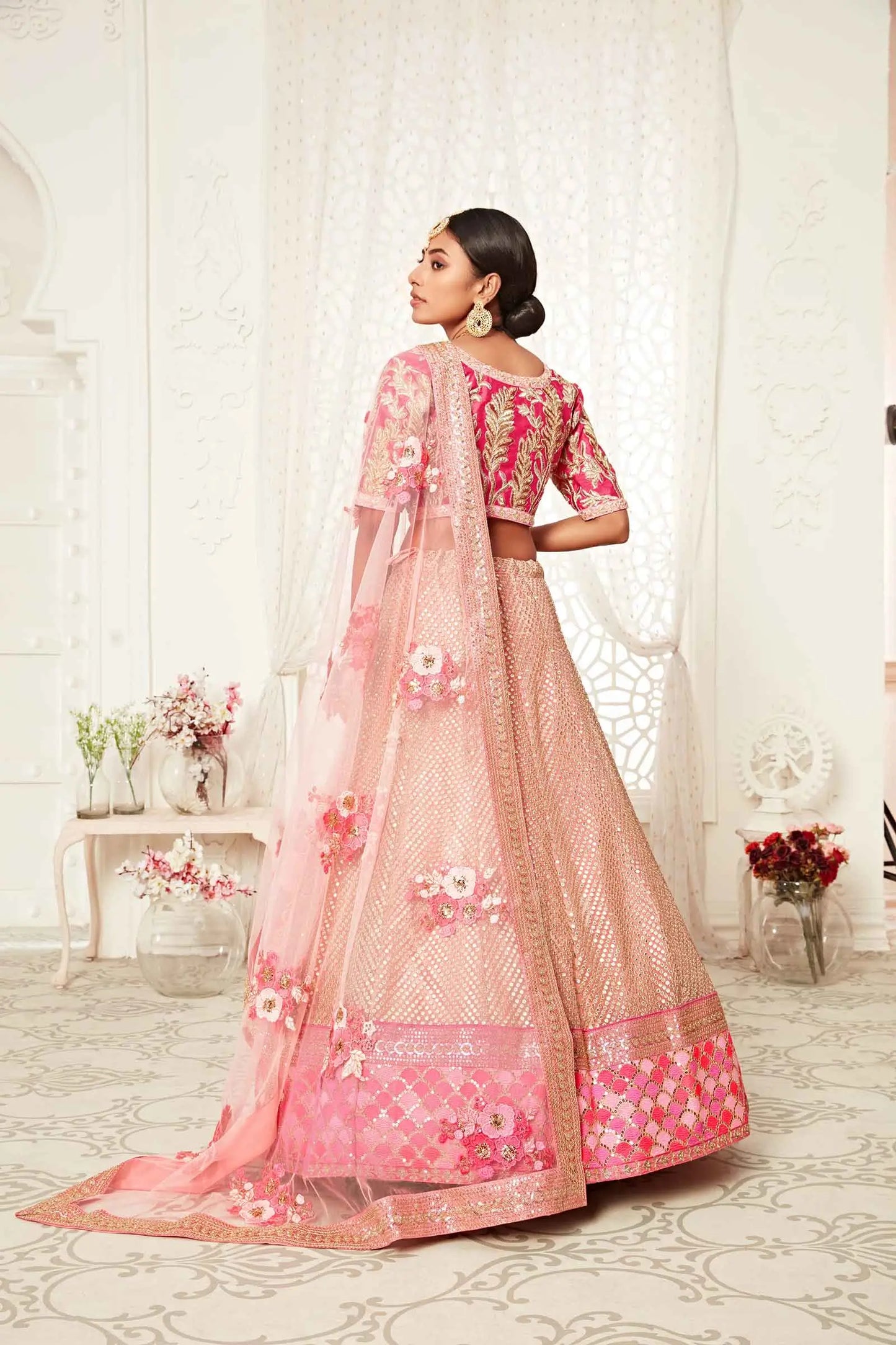 Flamingo Pink Soft Net Lehenga With Thread Dori Zari And Sequins Embroidery Work