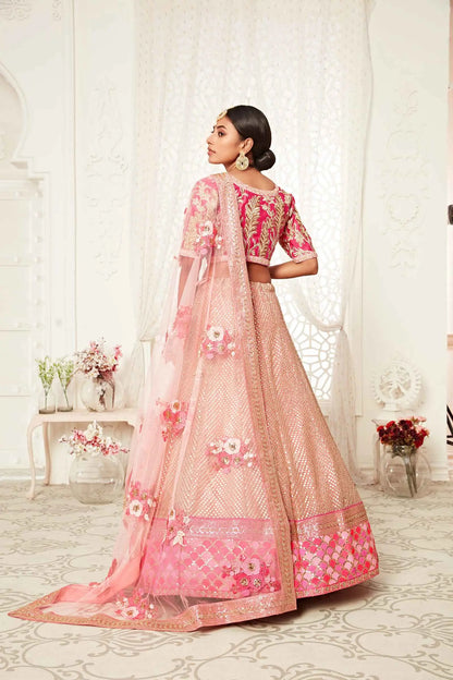Flamingo Pink Soft Net Lehenga With Thread Dori Zari And Sequins Embroidery Work