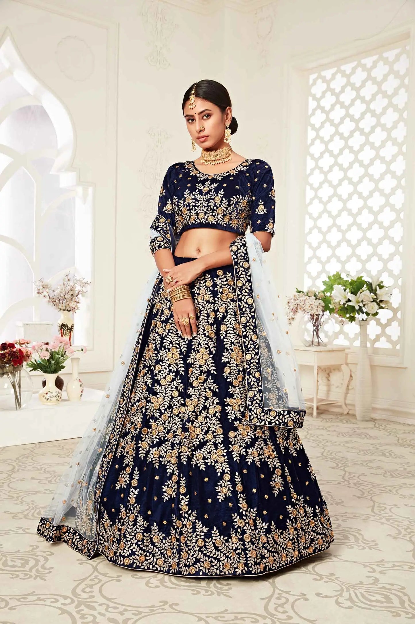 Navy Blue Velvet Lehenga With Zari And Thread Embroidery With Diamond Work