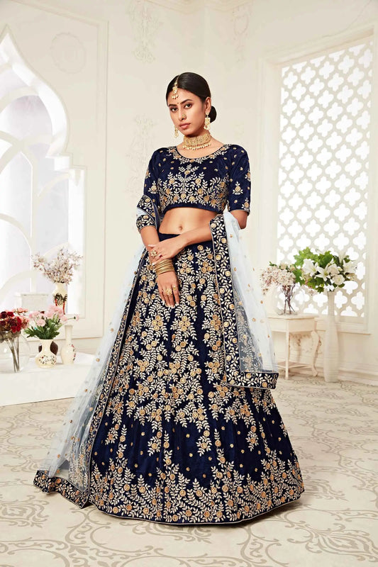 Navy Blue Velvet Lehenga With Zari And Thread Embroidery With Diamond Work
