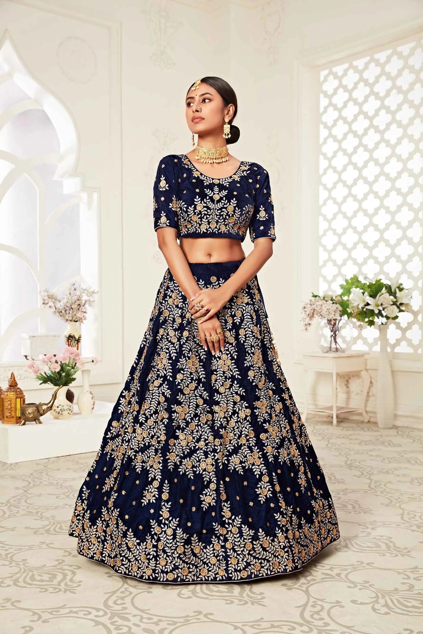 Navy Blue Velvet Lehenga With Zari And Thread Embroidery With Diamond Work