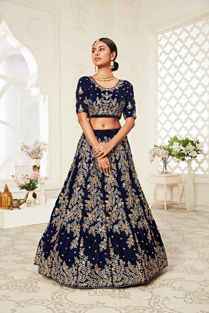 Navy Blue Velvet Lehenga With Zari And Thread Embroidery With Diamond Work