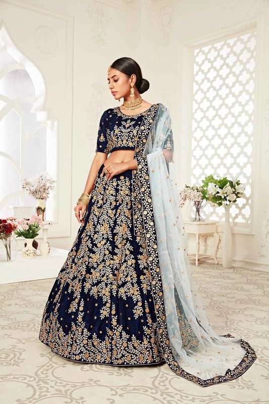 Navy Blue Velvet Lehenga With Zari And Thread Embroidery With Diamond Work