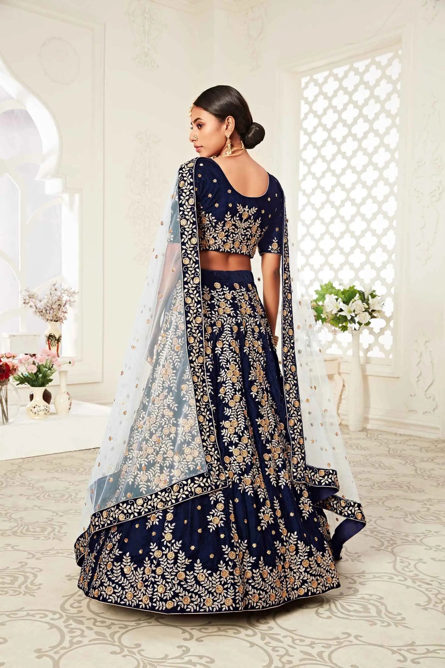 Navy Blue Velvet Lehenga With Zari And Thread Embroidery With Diamond Work