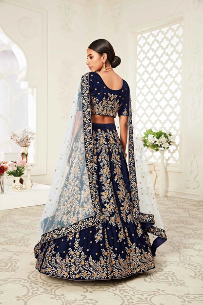 Navy Blue Velvet Lehenga With Zari And Thread Embroidery With Diamond Work