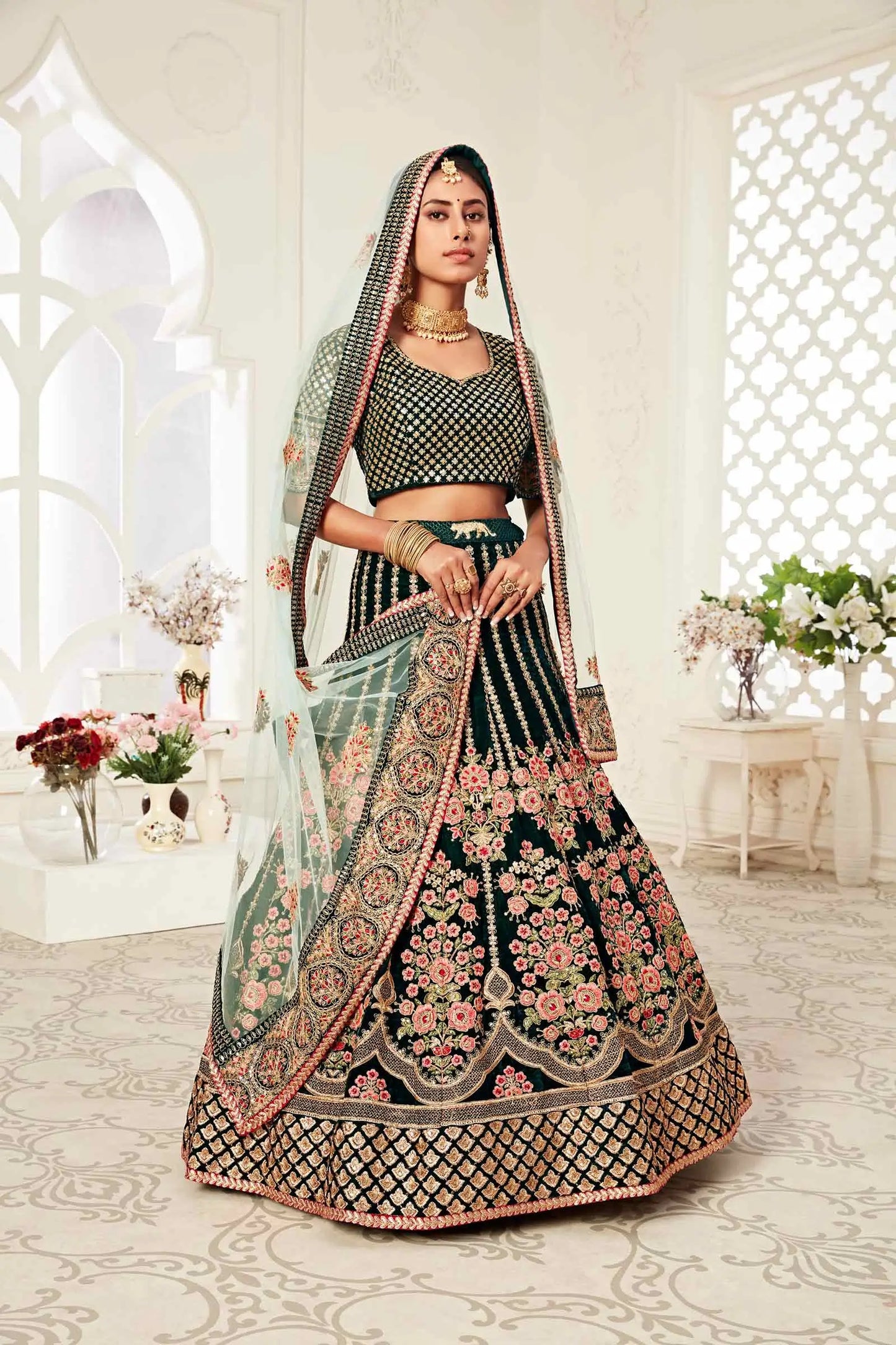 Dark Green Velvet Lehenga With Thread Dori Zari And Sequins Embroidery With Diamond Work