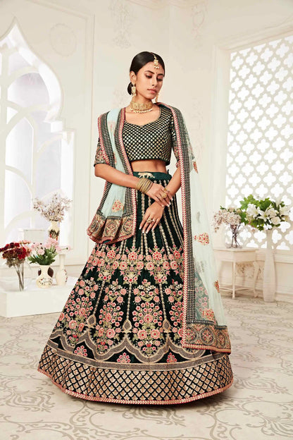 Dark Green Velvet Lehenga With Thread Dori Zari And Sequins Embroidery With Diamond Work