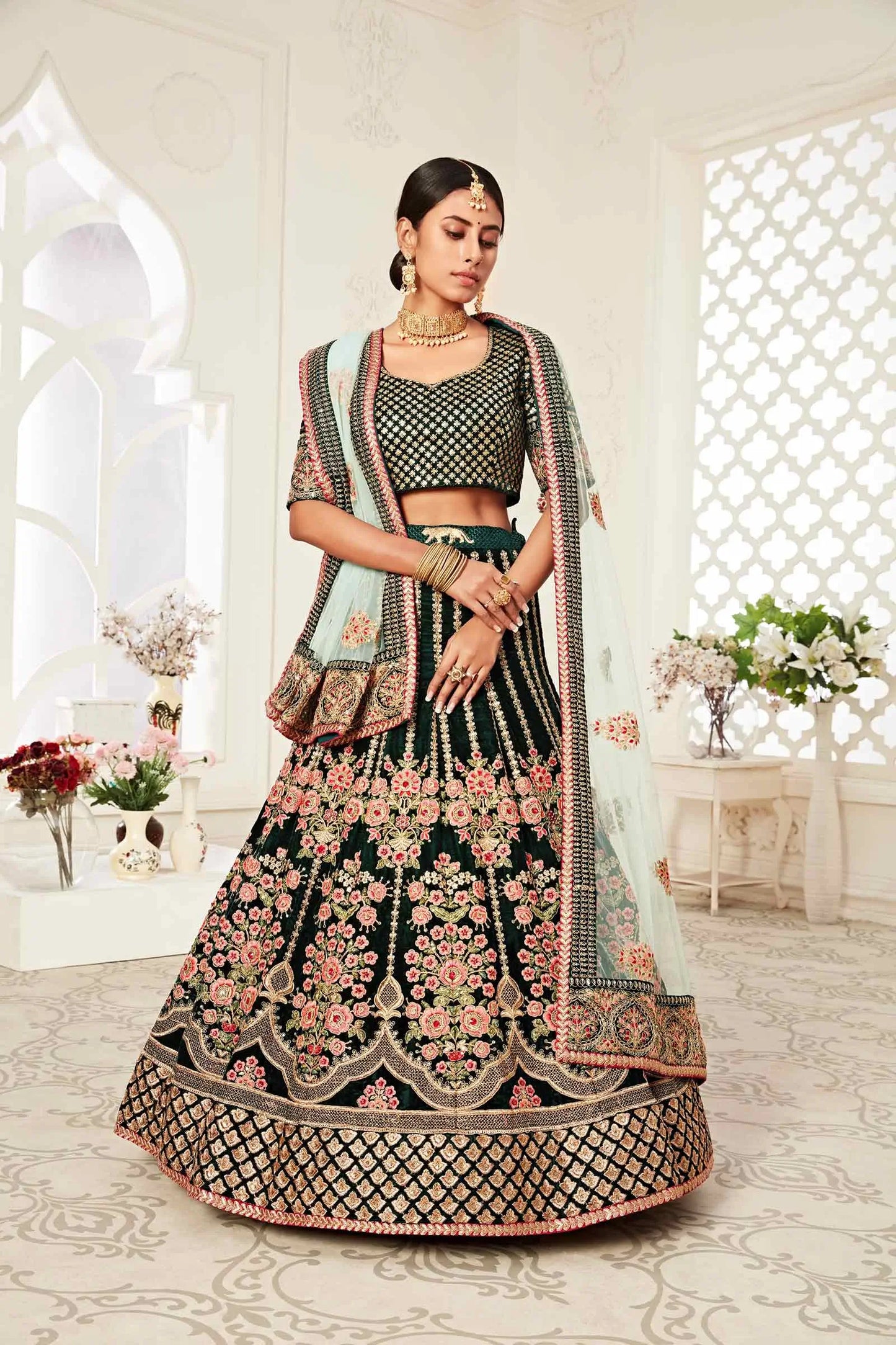Dark Green Velvet Lehenga With Thread Dori Zari And Sequins Embroidery With Diamond Work