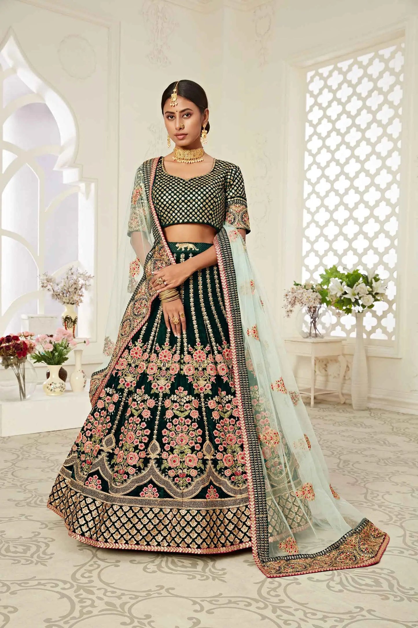 Dark Green Velvet Lehenga With Thread Dori Zari And Sequins Embroidery With Diamond Work