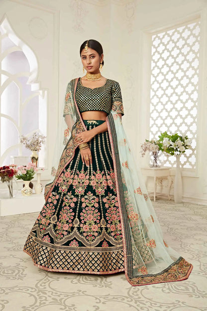 Dark Green Velvet Lehenga With Thread Dori Zari And Sequins Embroidery With Diamond Work