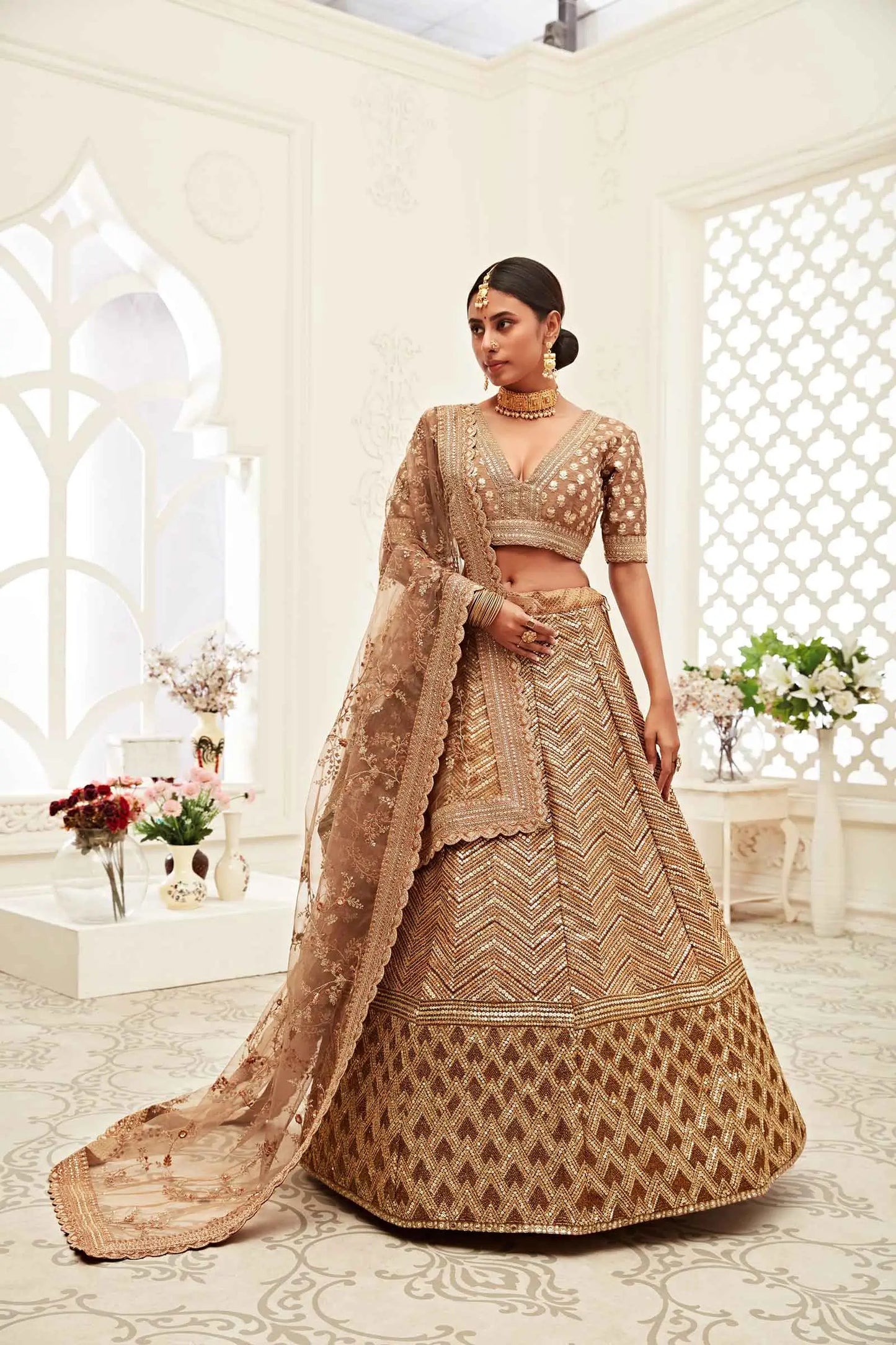 Golden Brown Silk Lehenga With Thread Dori Zari And Sequins Embroidery Work