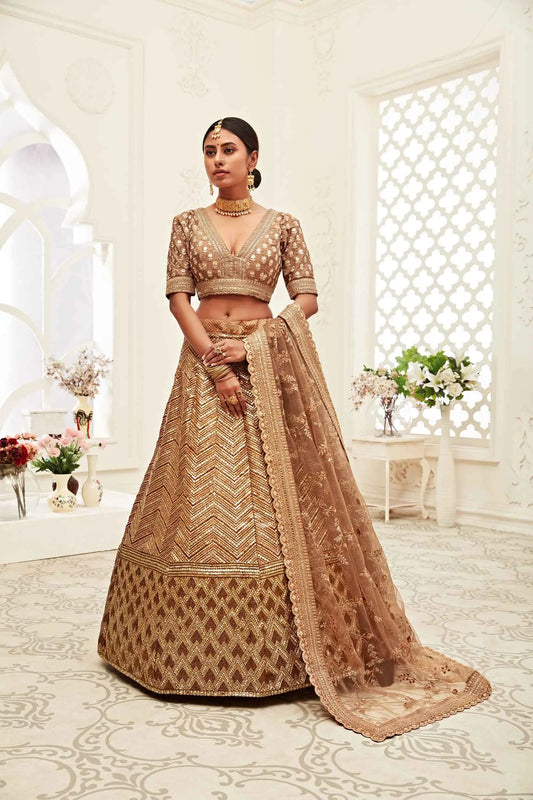 Golden Brown Silk Lehenga With Thread Dori Zari And Sequins Embroidery Work